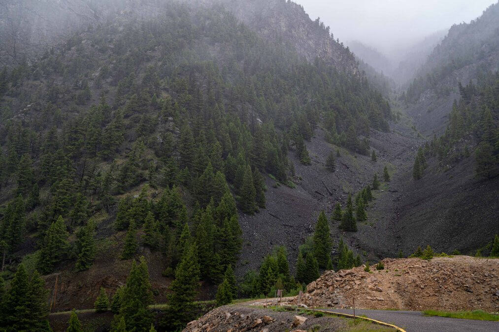 The slide area where part of the mountain collapsed at Earthquake Lake (Quake Lake) National Geological site in Montana. Foggy, rainy day