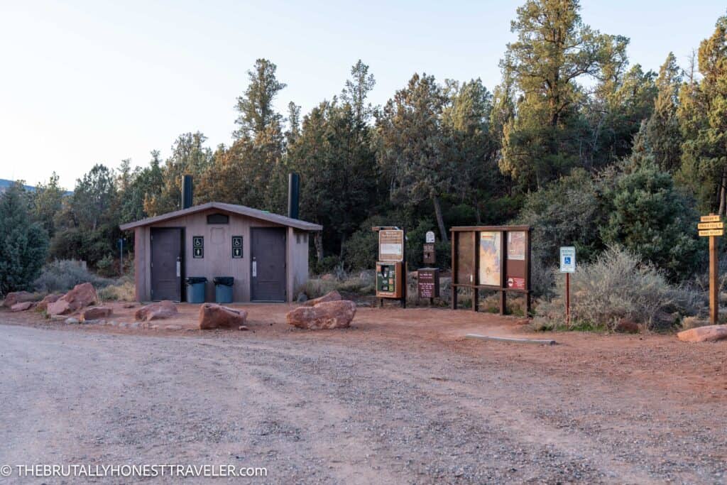 Restrooms and parking lot at the Jim Thompson Brins Mesa trailhead